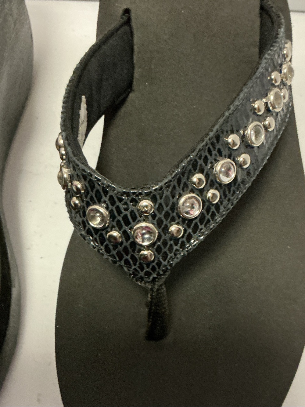 Volatile Black Wedge Thong Sandals with Crystal Accents - Picture 3 of 8